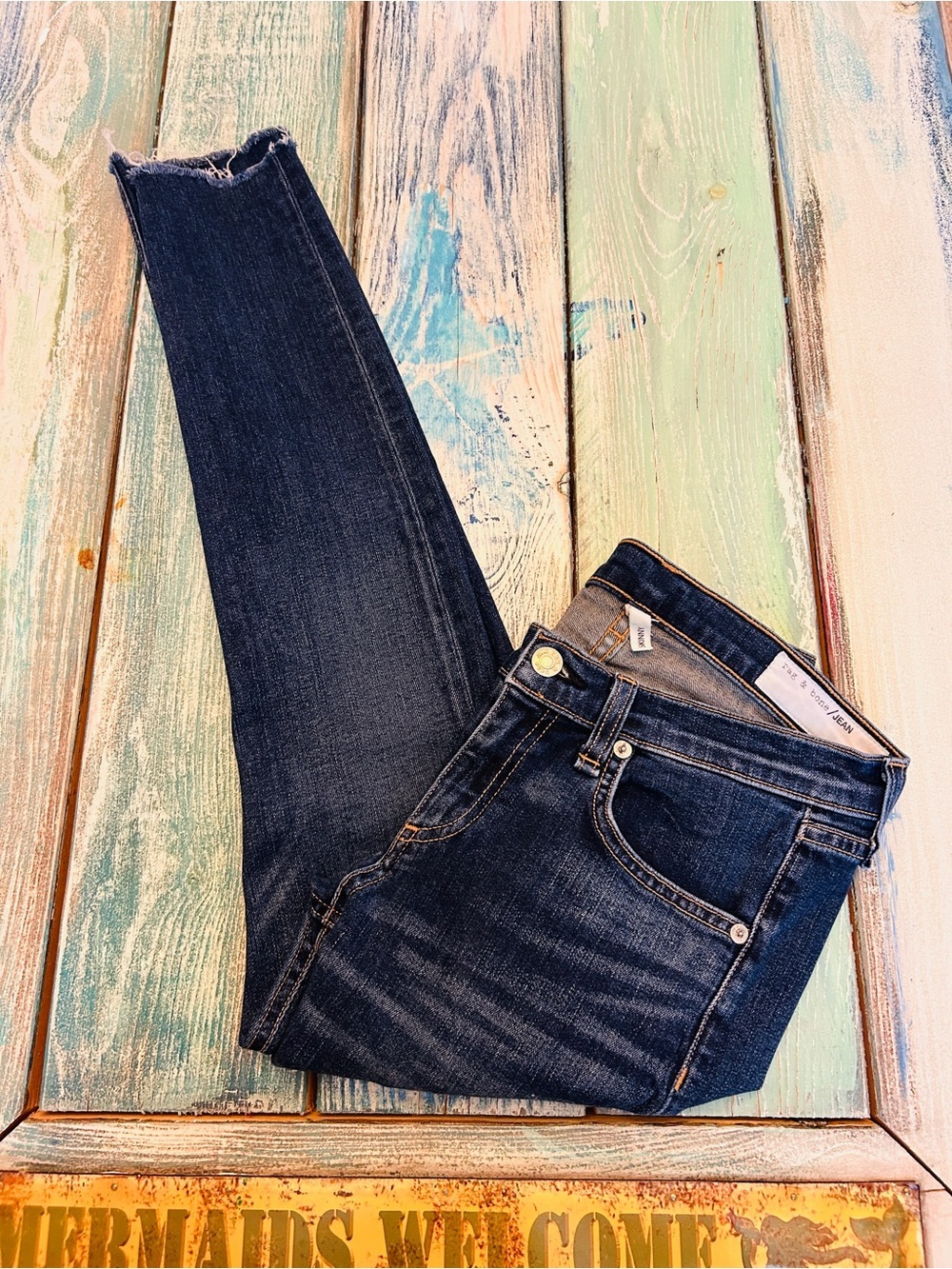 Rag & Bone/JEAN Dark Wash Raw Hem Skinny Ankle Jeans Size 26 - Picture 3 of 7